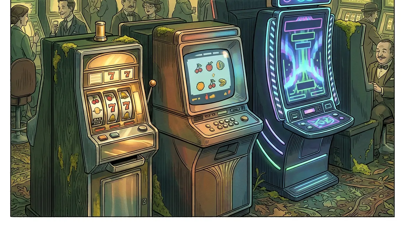 Three slot machines showing classic, video, and progressive types