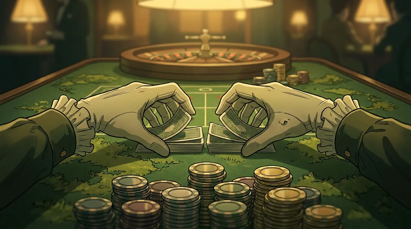 Diler miješa karte na stolu za poker uživo sa žetonima