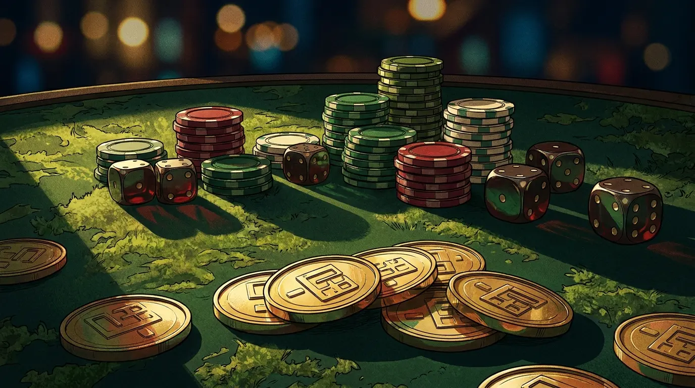 Casino chips and coins with Bangladesh flag colors on gaming table