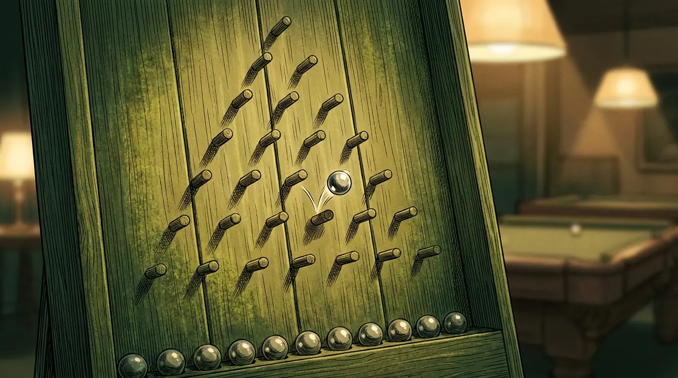 Bola metálica caindo entre pinos no jogo Plinko