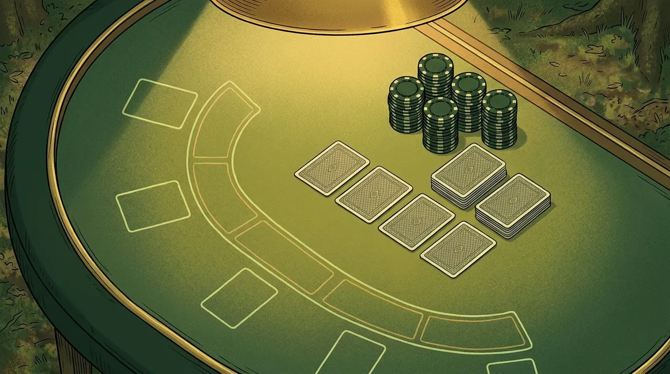 Overhead view of baccarat table with cards and chips arrangement