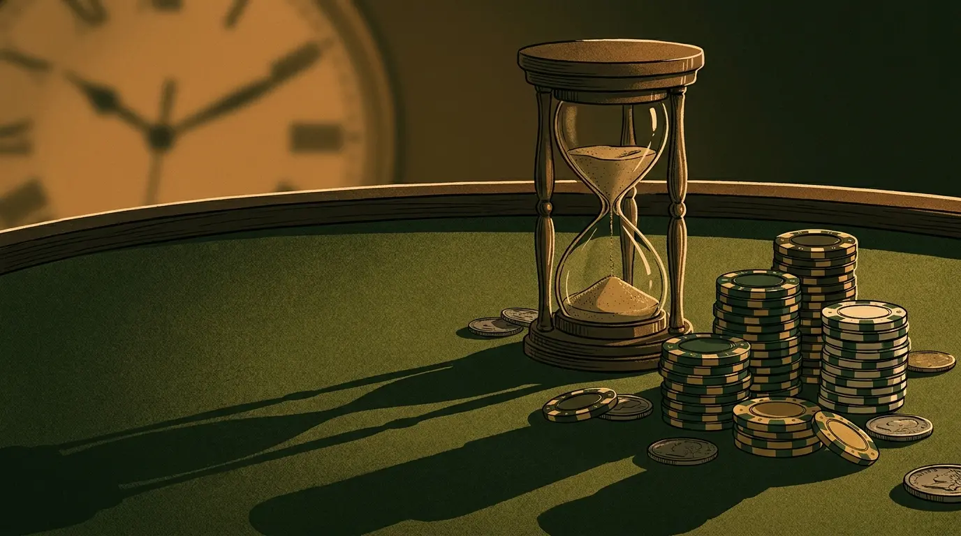 Sanduhr und Casino-Chips symbolisieren verzögerte Auszahlungen