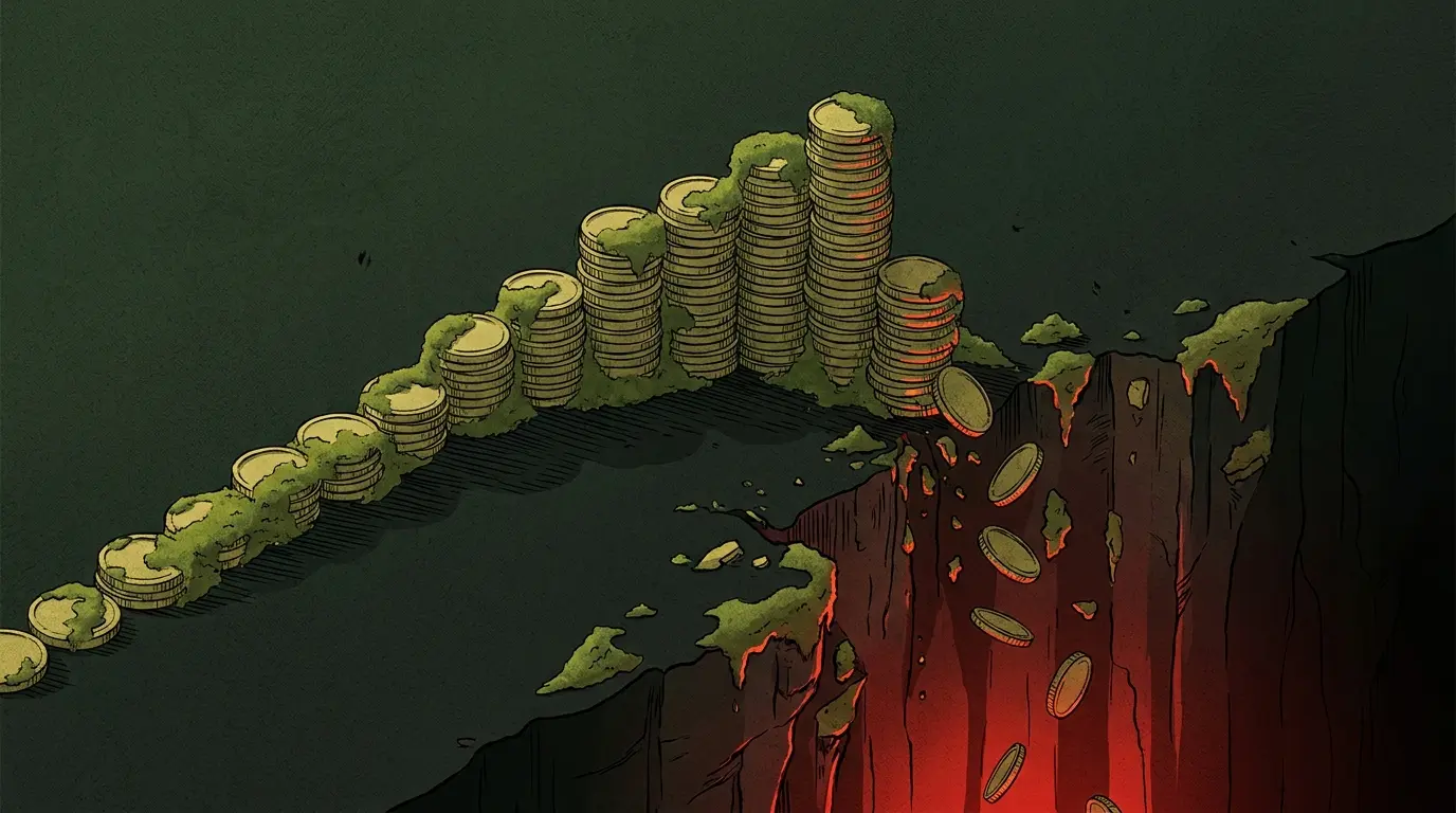 Curva ascendente de monedas con caída repentina al final