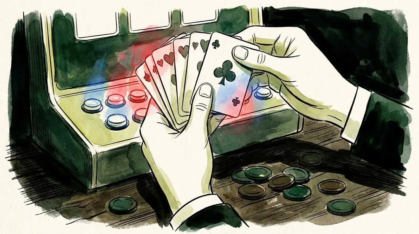 Manos sosteniendo cartas en máquina de video poker