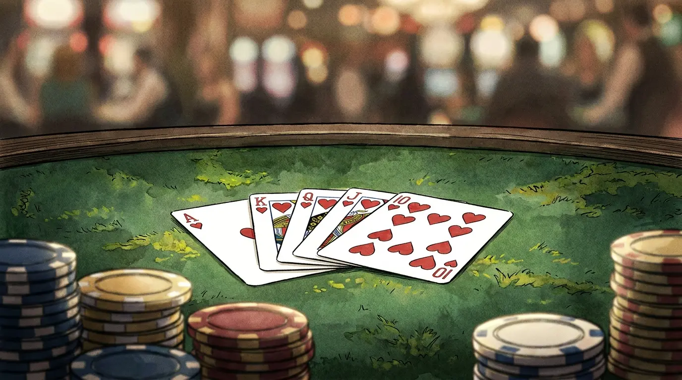 Cartas de poker y fichas sobre mesa de casino verde