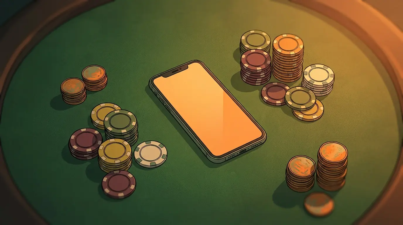 Téléphone et jetons de casino avec éclairage orange chaleureux