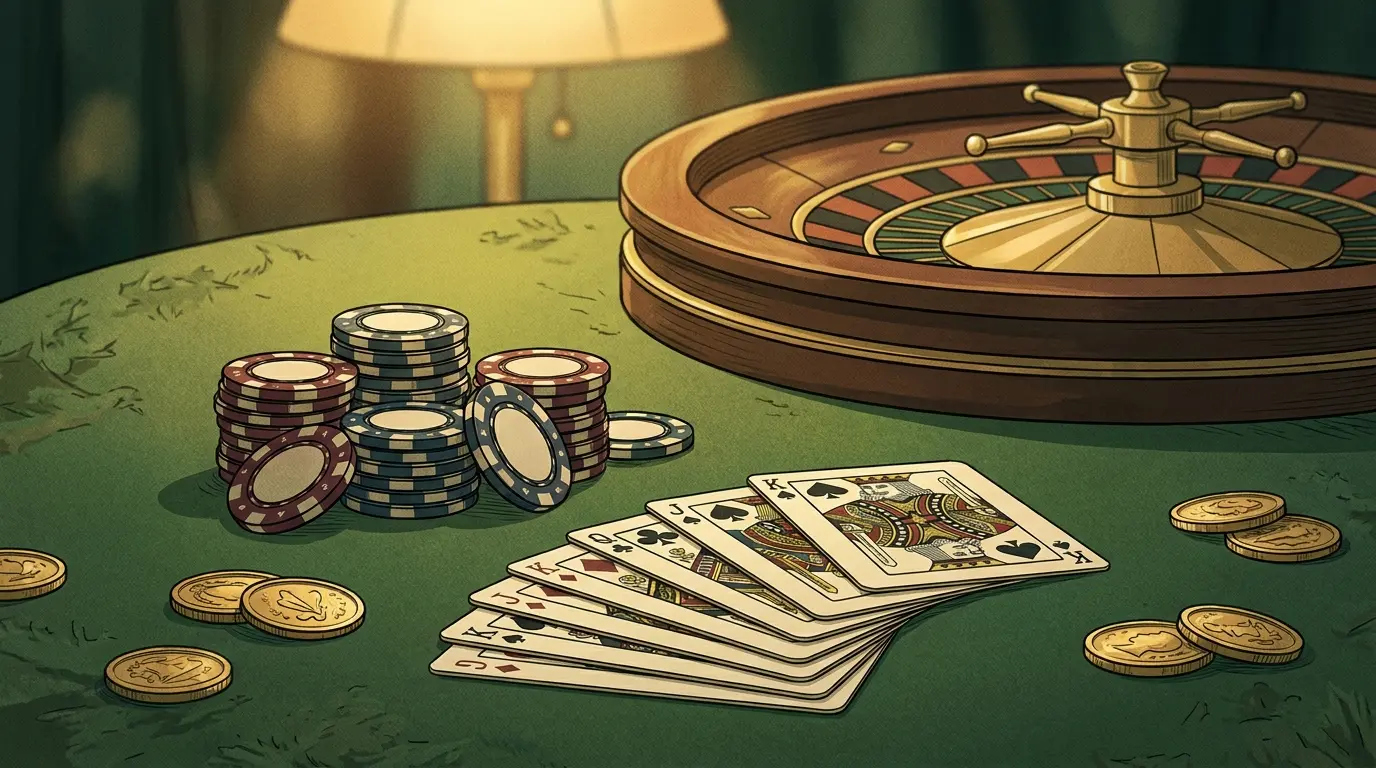 Kasinové žetony a ruleta na zeleném sukně