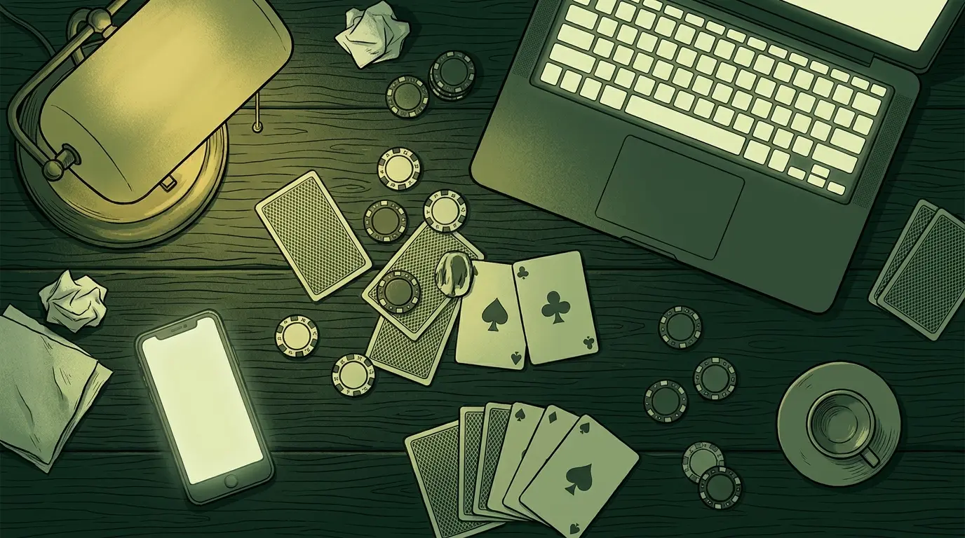 Notebook a telefon s kasinovými žetony na stole
