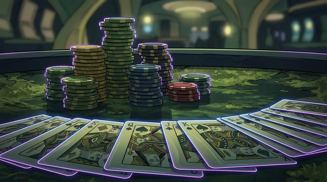 Barevné žetony a hrací karty na pokerové stole