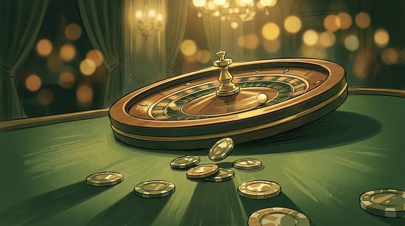 Ruleta s žetony na zeleném stole v kasinu