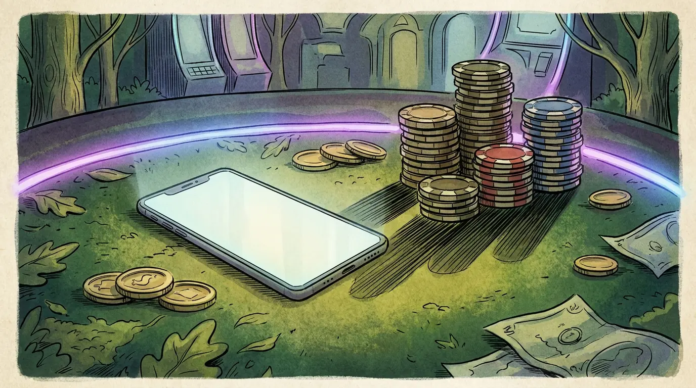 Teléfono móvil con fichas de casino y monedas doradas