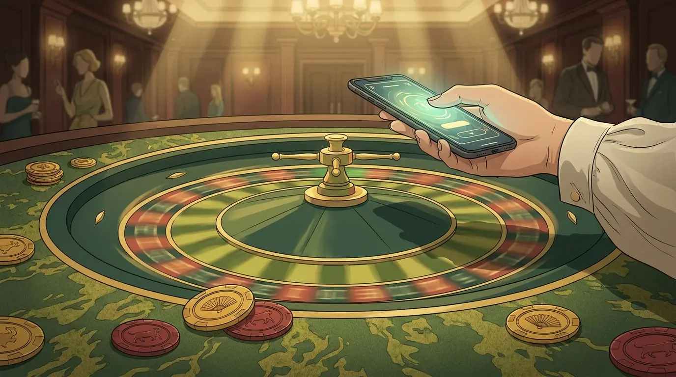 Mano con móvil sobre ruleta de casino con fichas