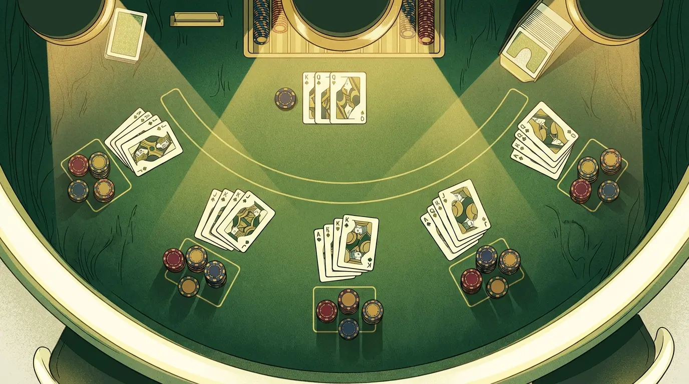 Table de blackjack avec cartes et jetons disposés stratégiquement