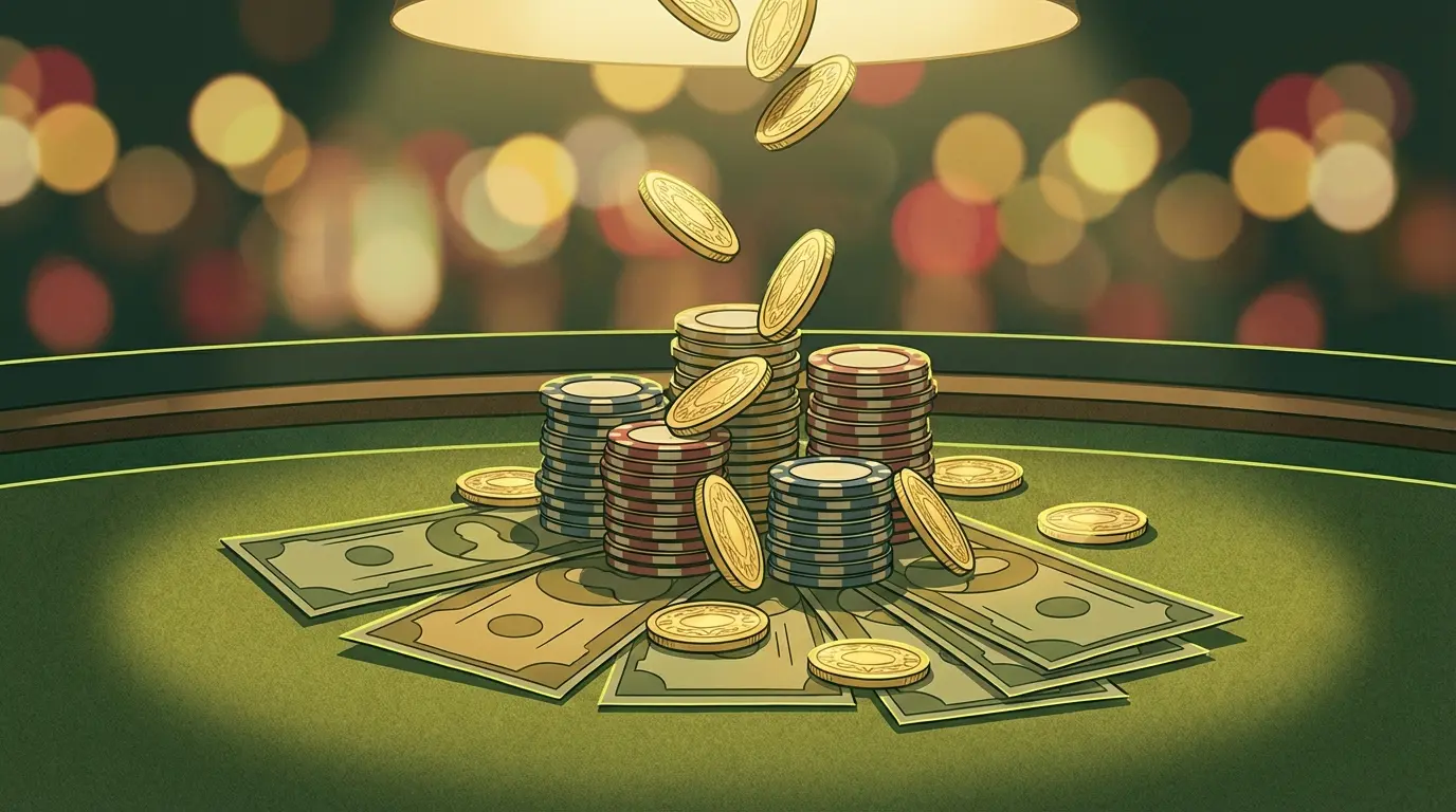 Jetons de casino empilés avec argent liquide sur table de jeu