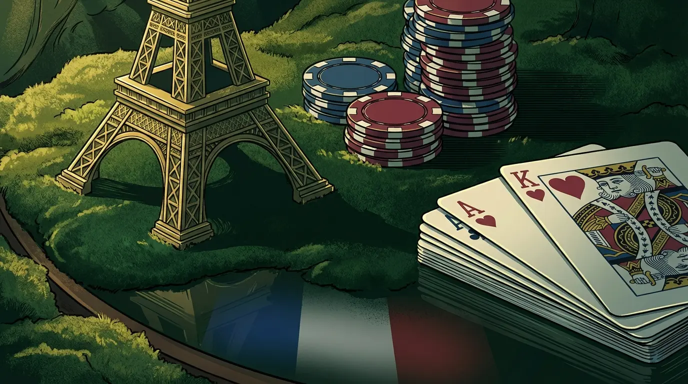 Tour Eiffel miniature avec jetons de poker et cartes