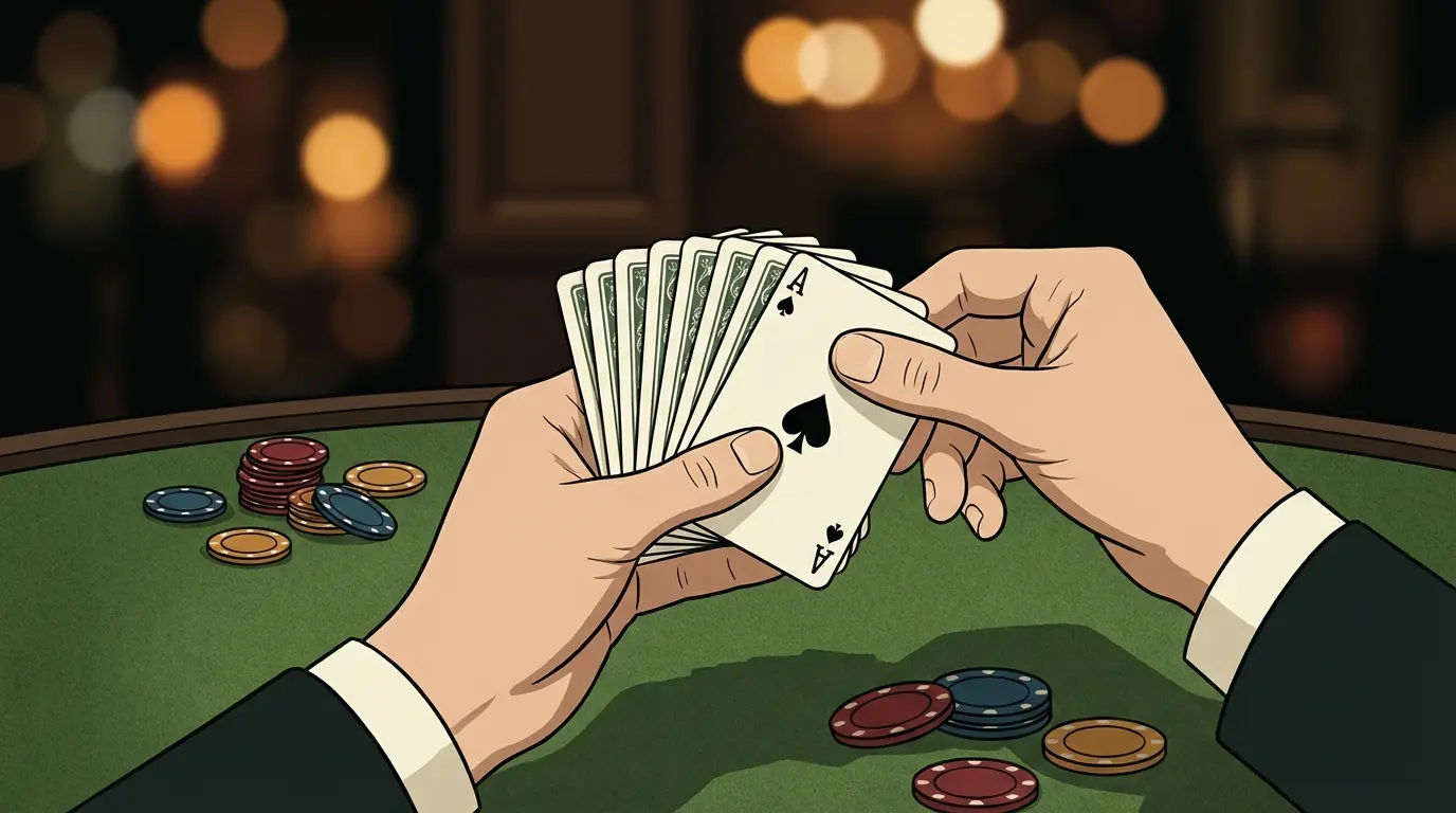 Mains tenant des cartes de blackjack sur table de jeu