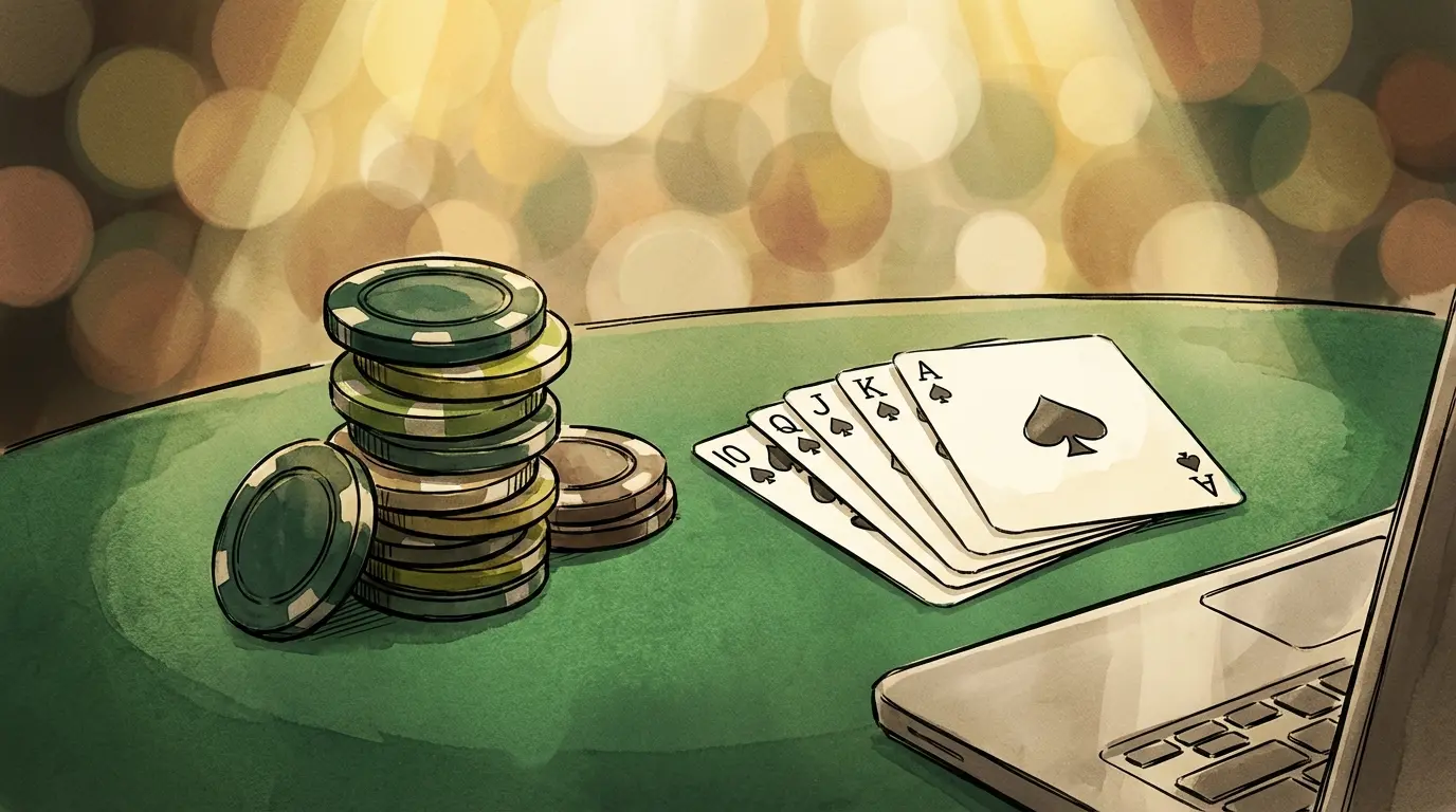 Jetons de poker et cartes sur table verte avec ordinateur
