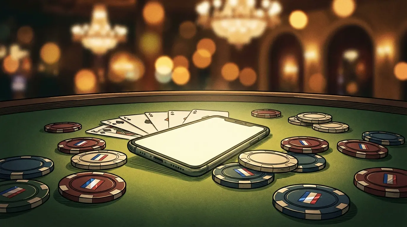 Smartphone et jetons de casino sur table de jeu avec couleurs françaises