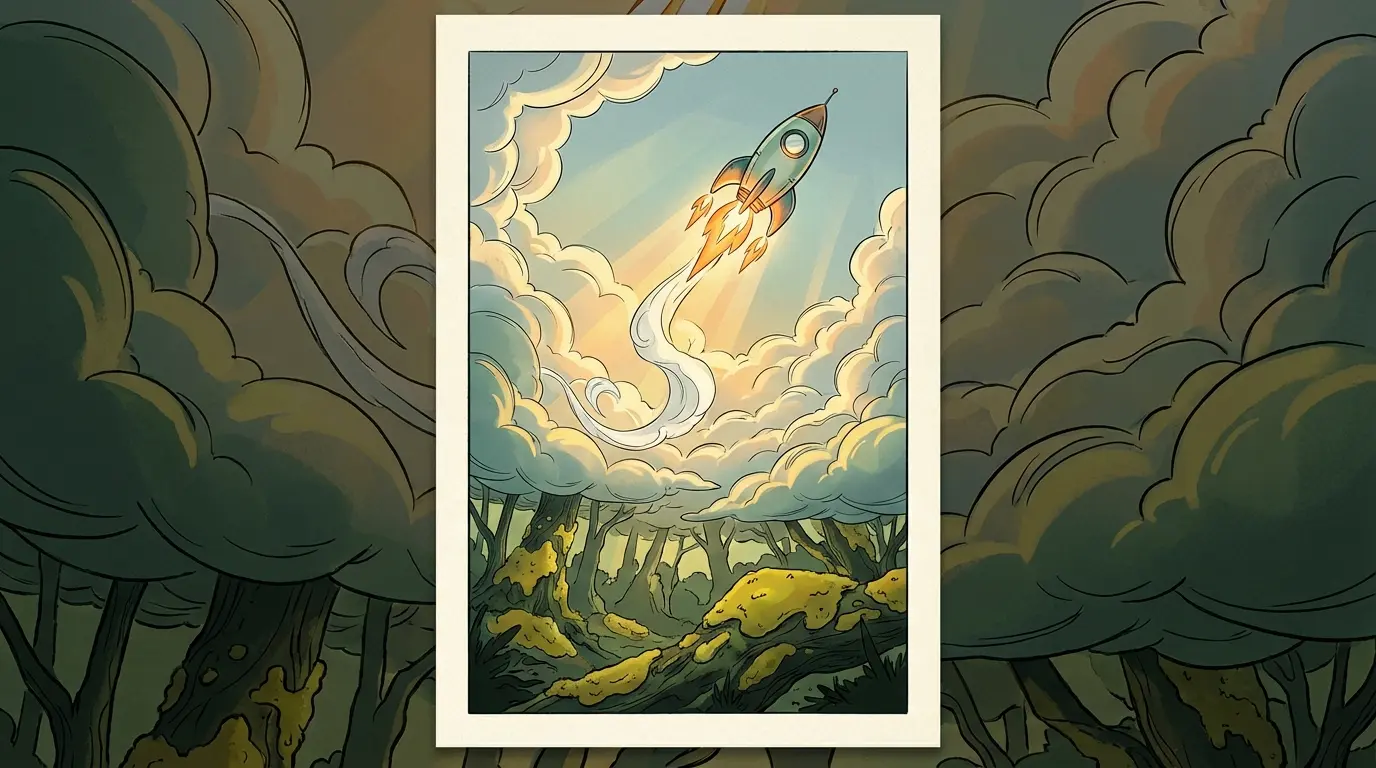 Fusée décollant à travers les nuages au coucher du soleil