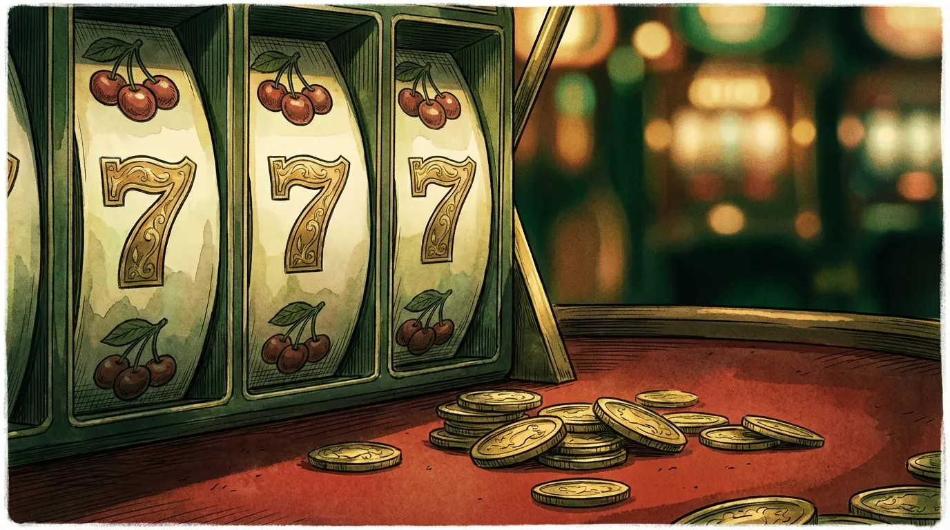 Machine à sous vintage avec pièces dorées sur feutre rouge