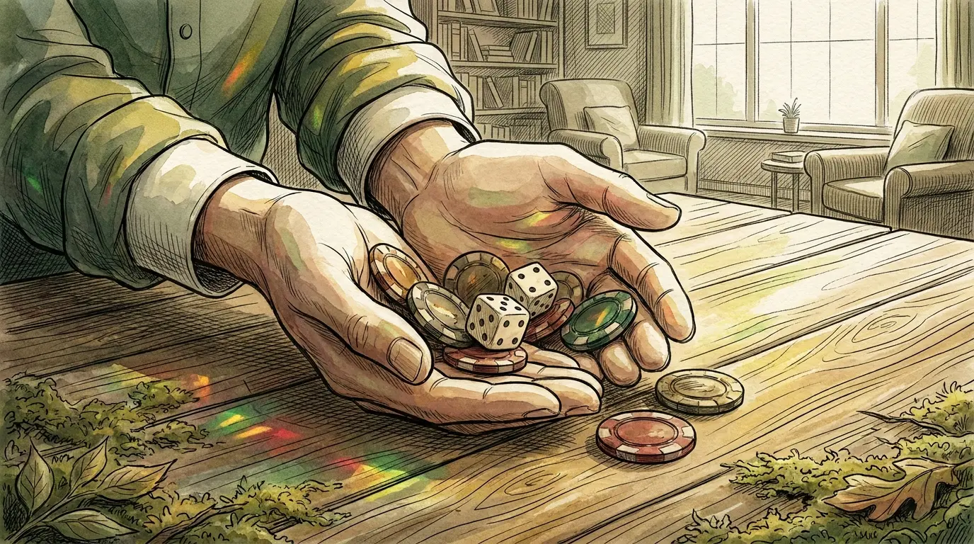 Supportive hands with gambling items in warm, caring atmosphere