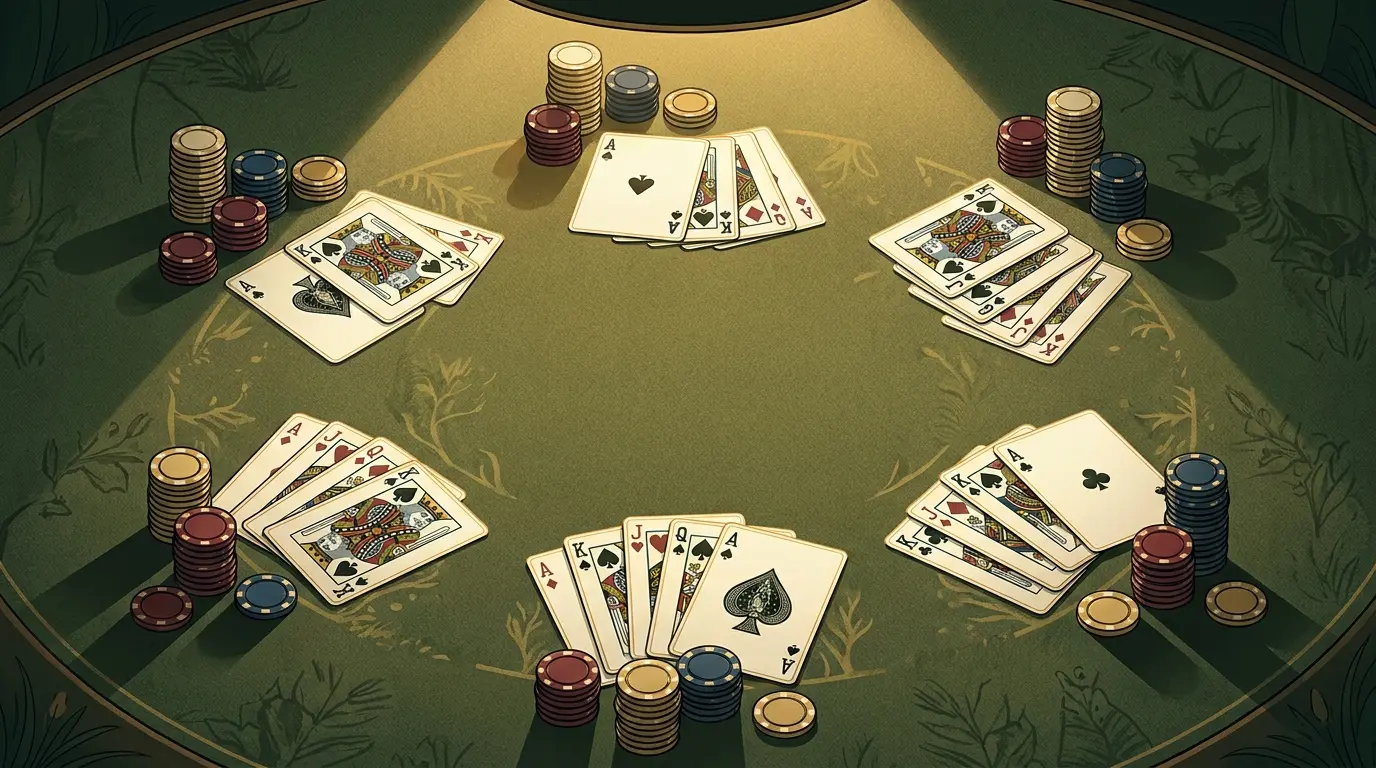 Različite blackjack kombinacije karata raspoređene na zelenom stolu