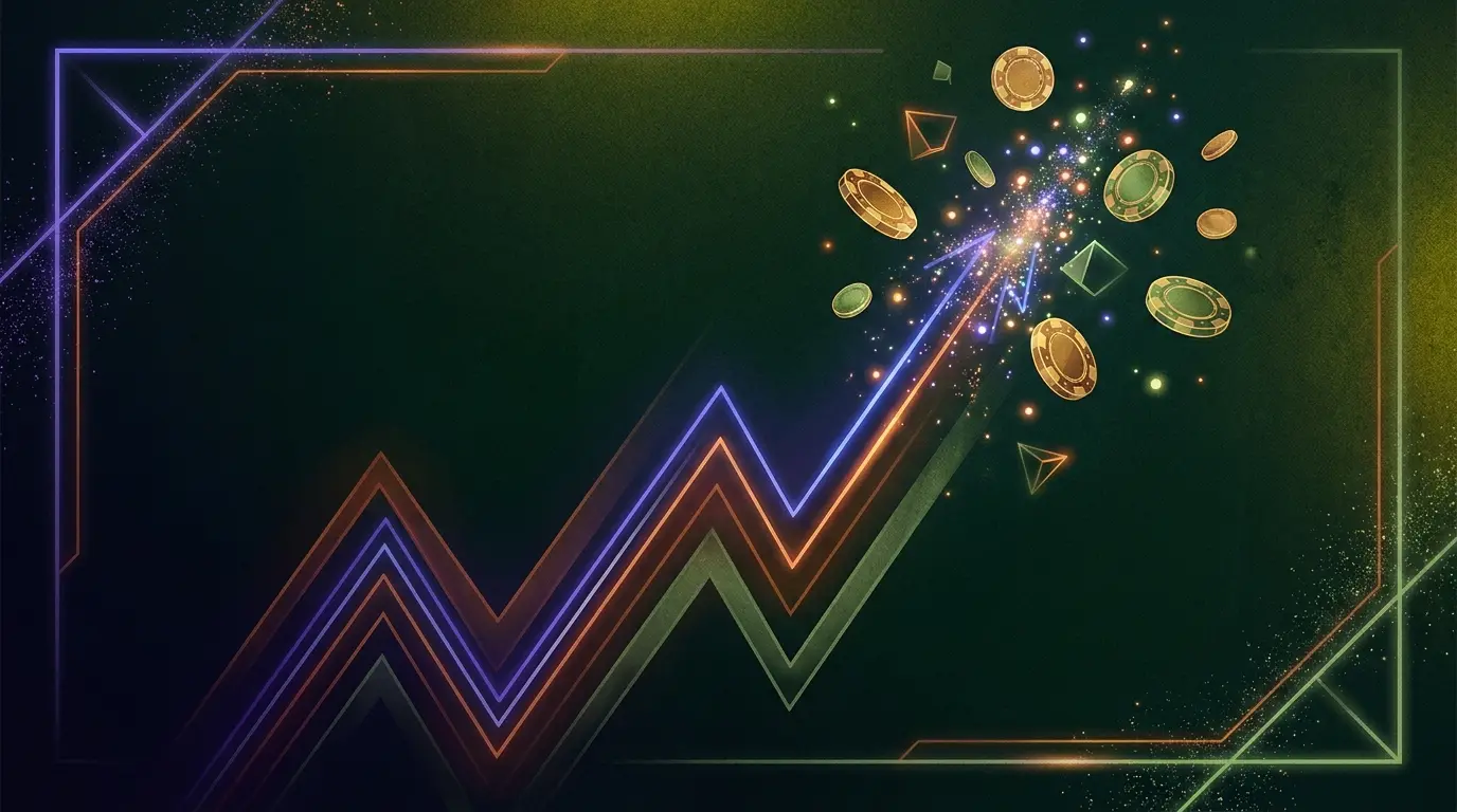 Ascending and crashing light trail with floating casino elements