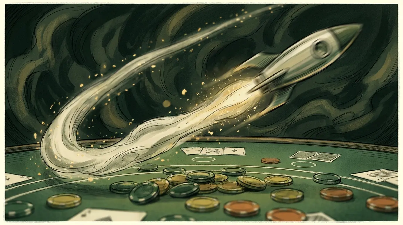 Rocket launching upward from casino chips showing crash game concept