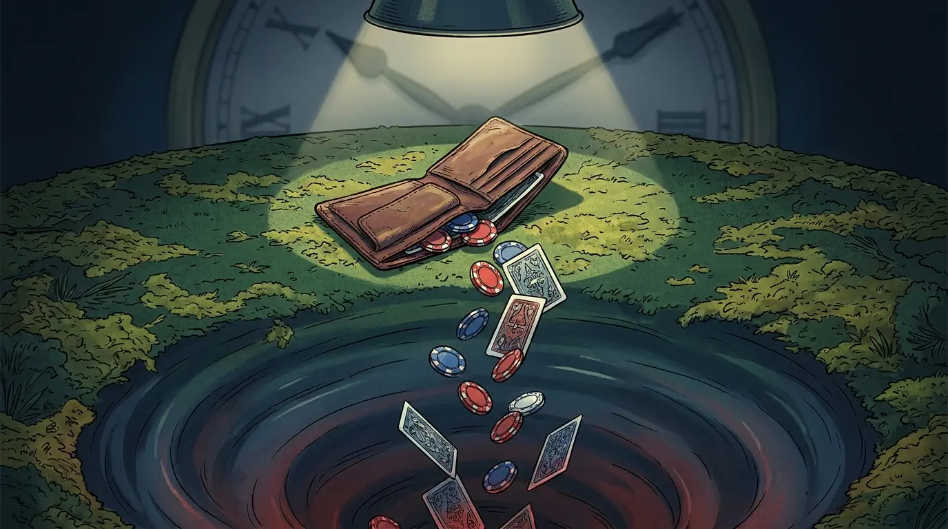 Gambling chips and cards falling with empty wallet in shadow