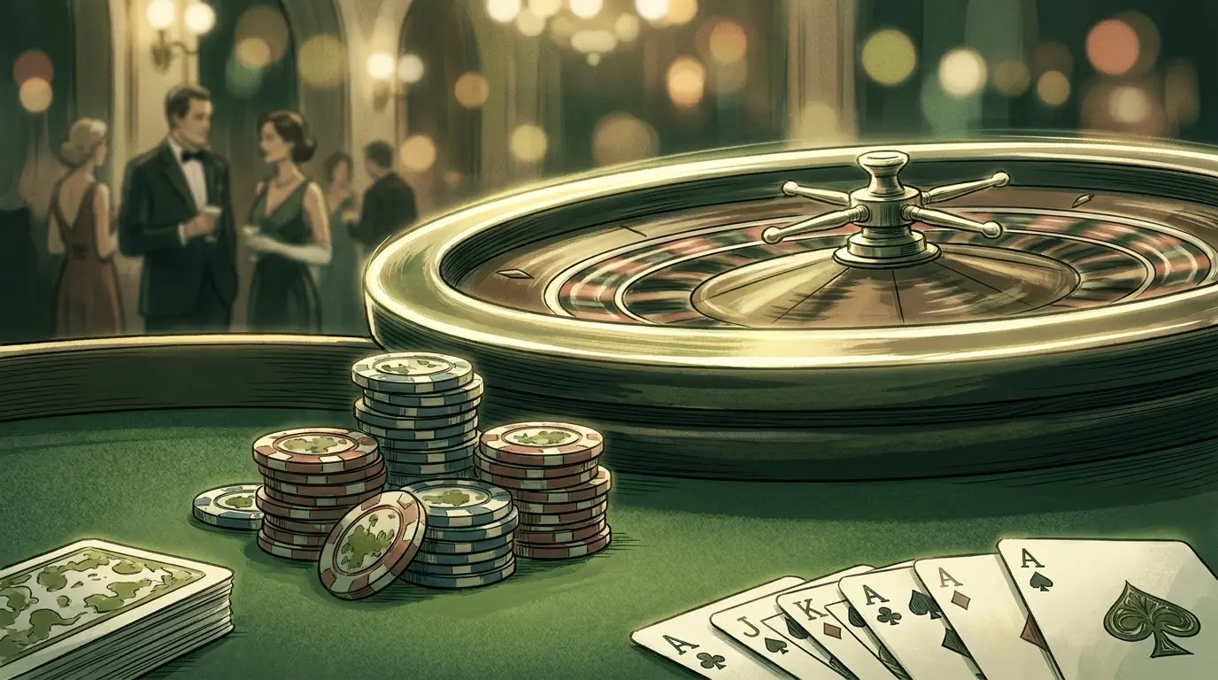 Ruota della roulette con fiches colorate e carte da gioco