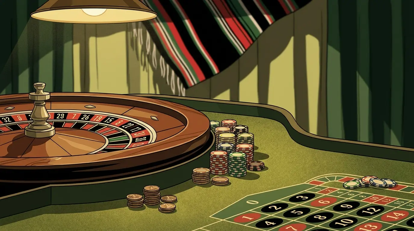 Casino chips and roulette wheel with Kenyan flag colors backdrop