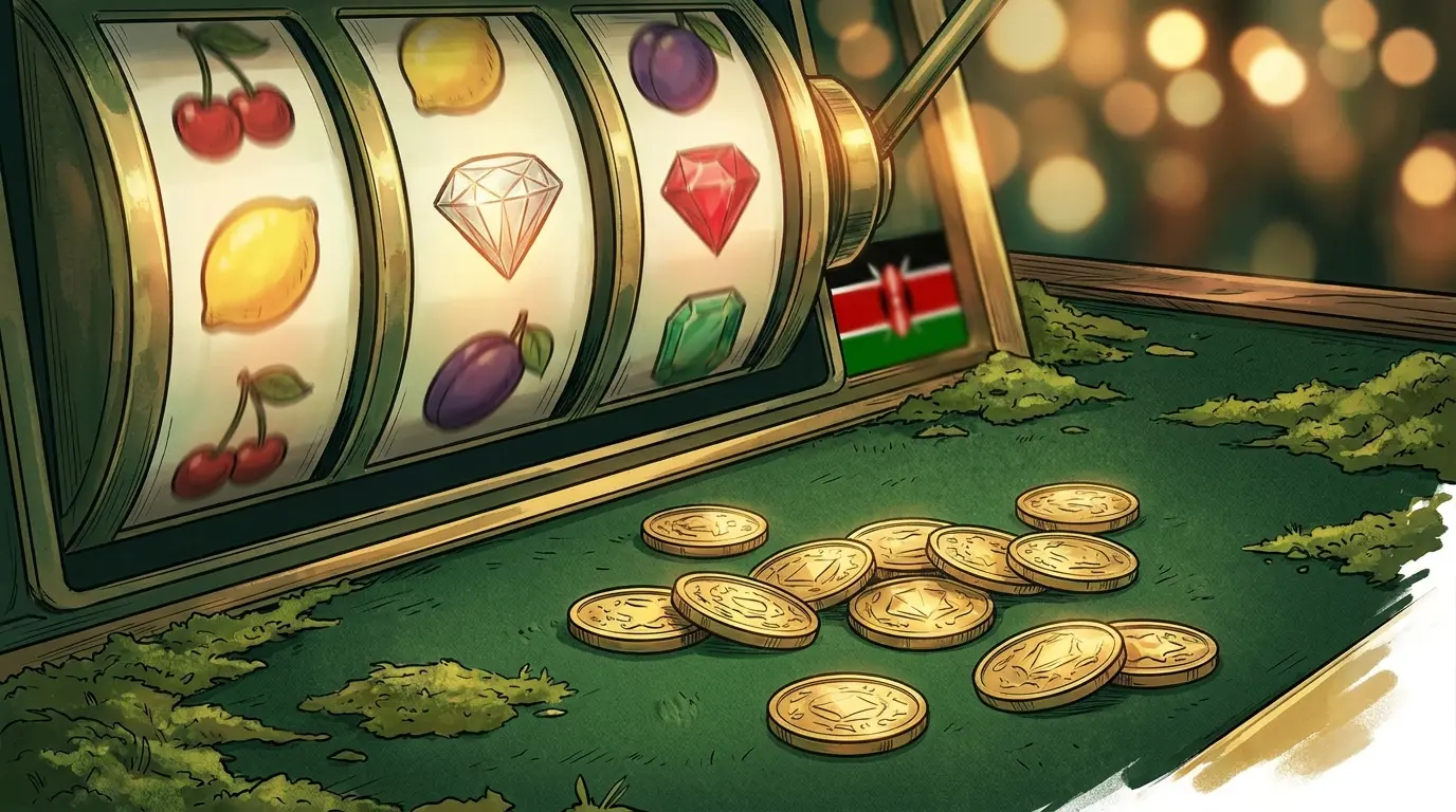 Slot machine reels spinning with coins on casino felt table