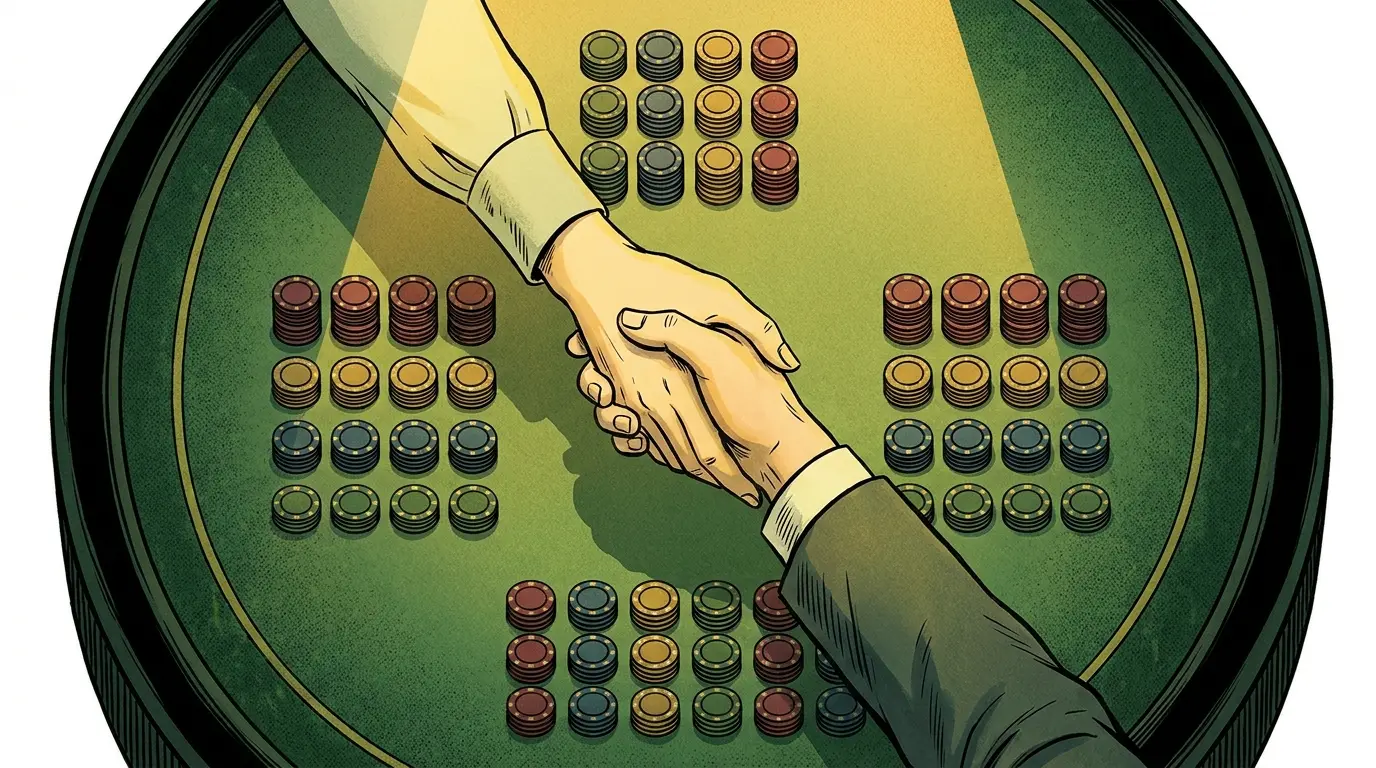 Apretón de manos sobre mesa de casino con fichas apiladas