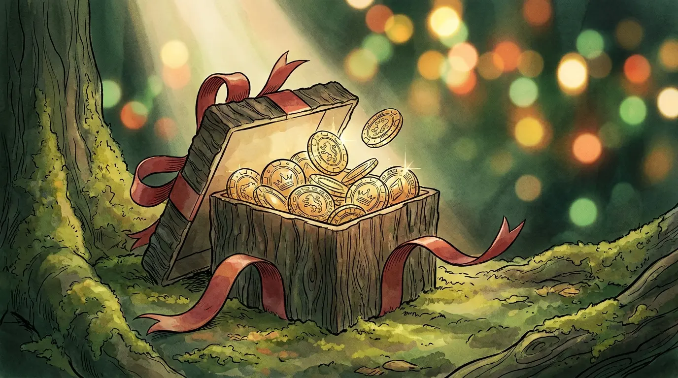 Caja de regalo abierta con fichas de casino doradas y cinta roja