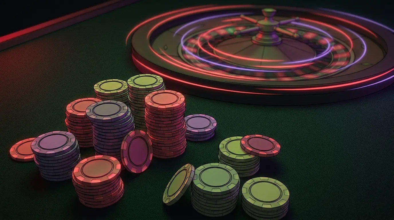 Casino chips on felt with blurred roulette wheel background