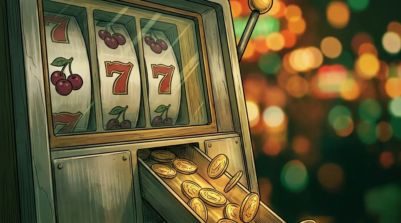 Slot machine reels with coins falling in warm casino lighting