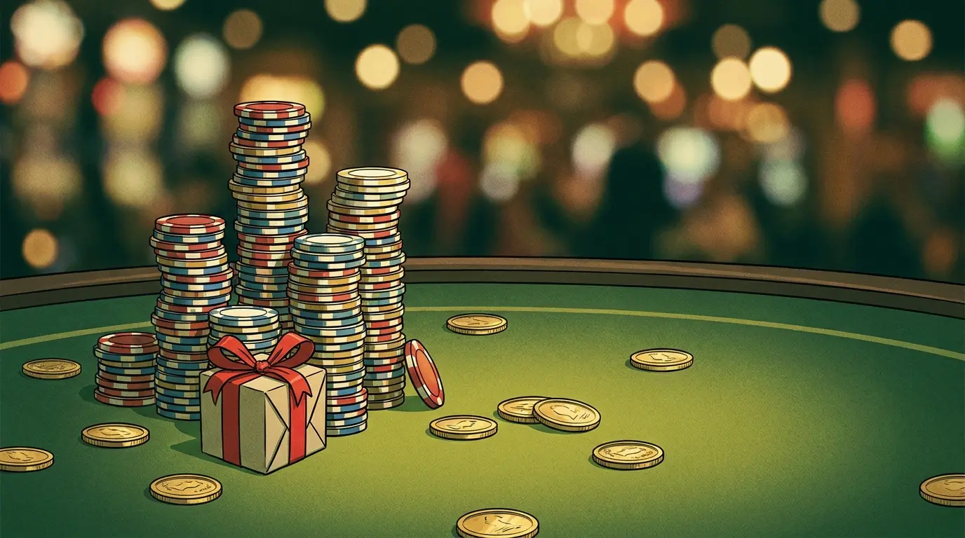 Fichas de casino empilhadas com caixa de presente e moedas