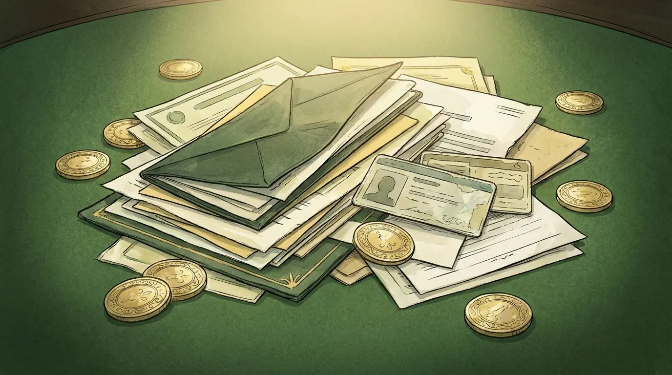 Identity documents and casino chips representing account verification