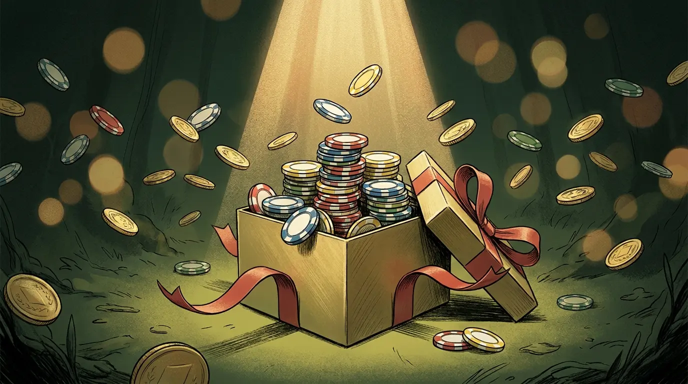 Casino chips spilling from gift box representing bonus rewards