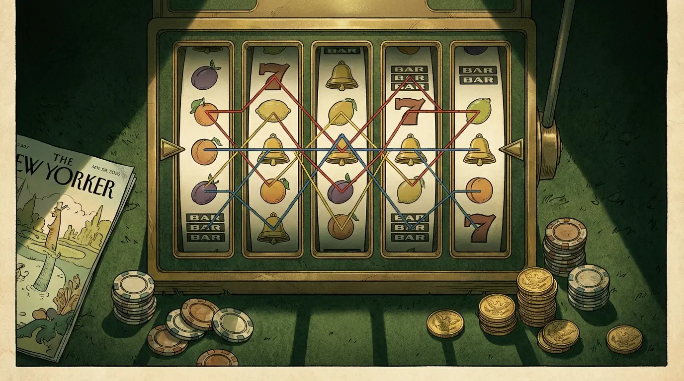 Multiple payline patterns displayed across pokie reels with chips