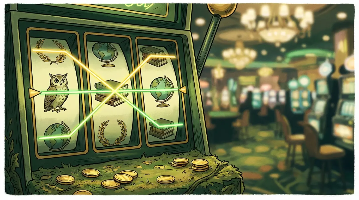 Illuminated paylines connecting symbols across pokie machine reels