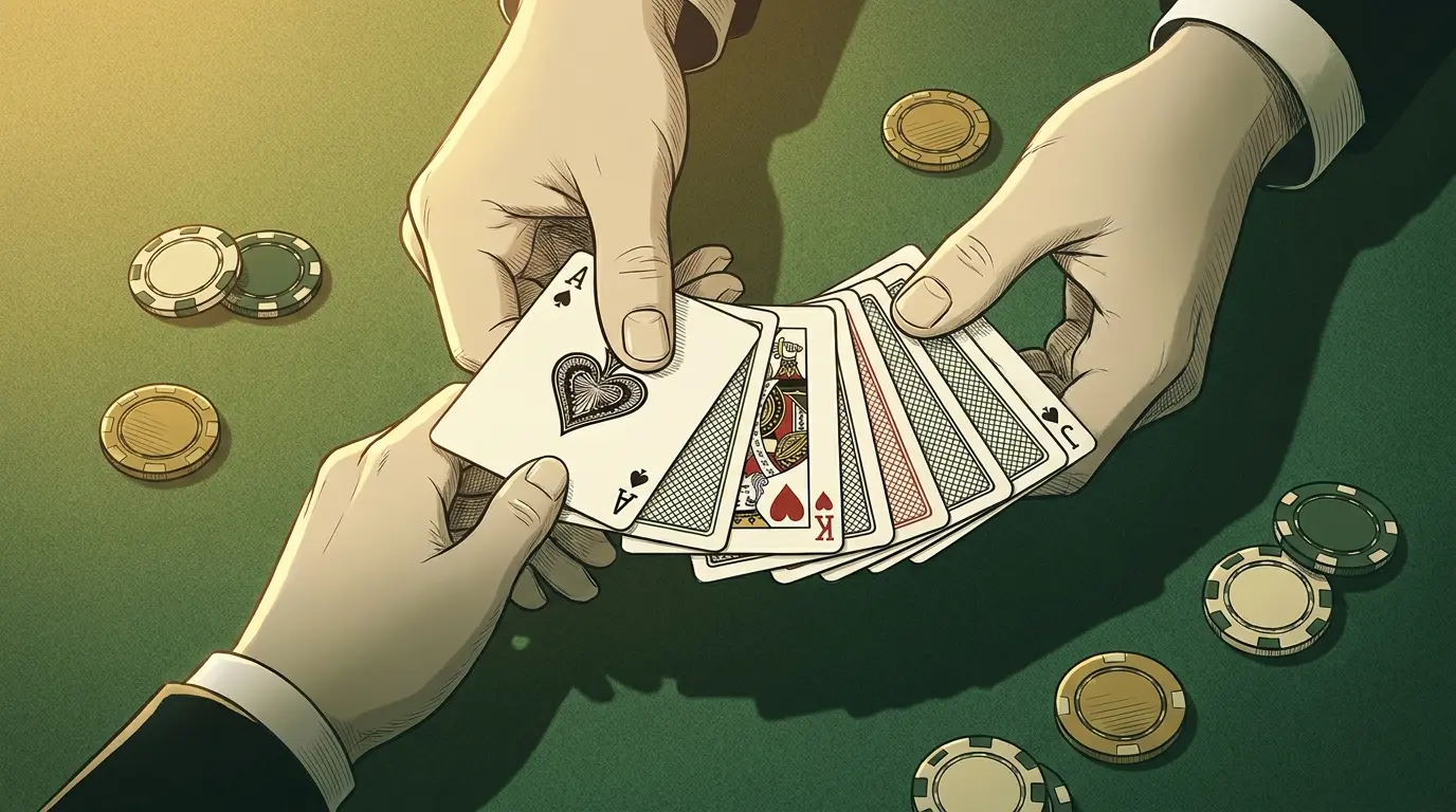 Player's hands holding blackjack cards over casino table