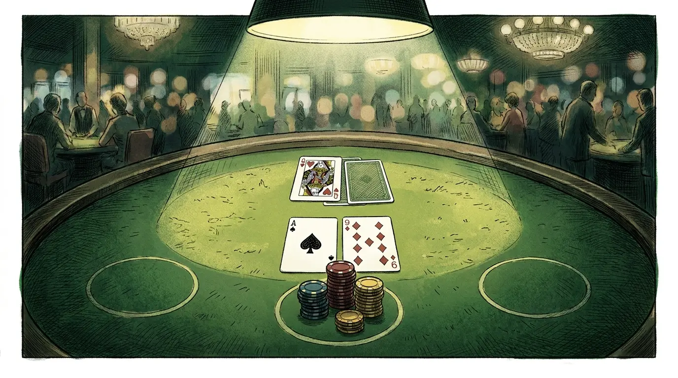 Blackjack table with cards and chips from overhead perspective