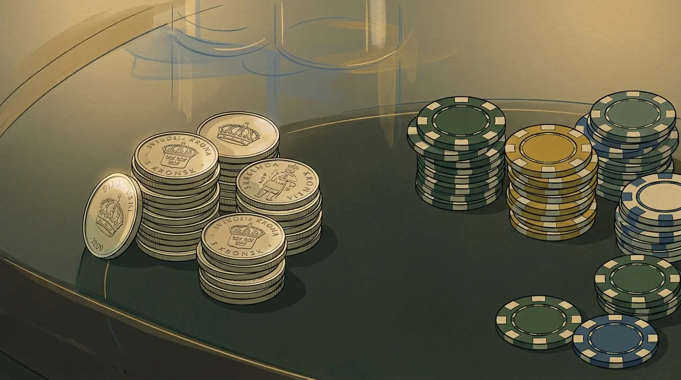 Svenska mynt och casinomarker på spelbord med elegant belysning