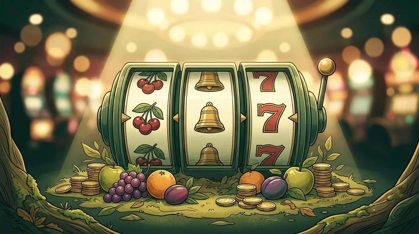 Slot machine reels displaying classic symbols with coins and fruits