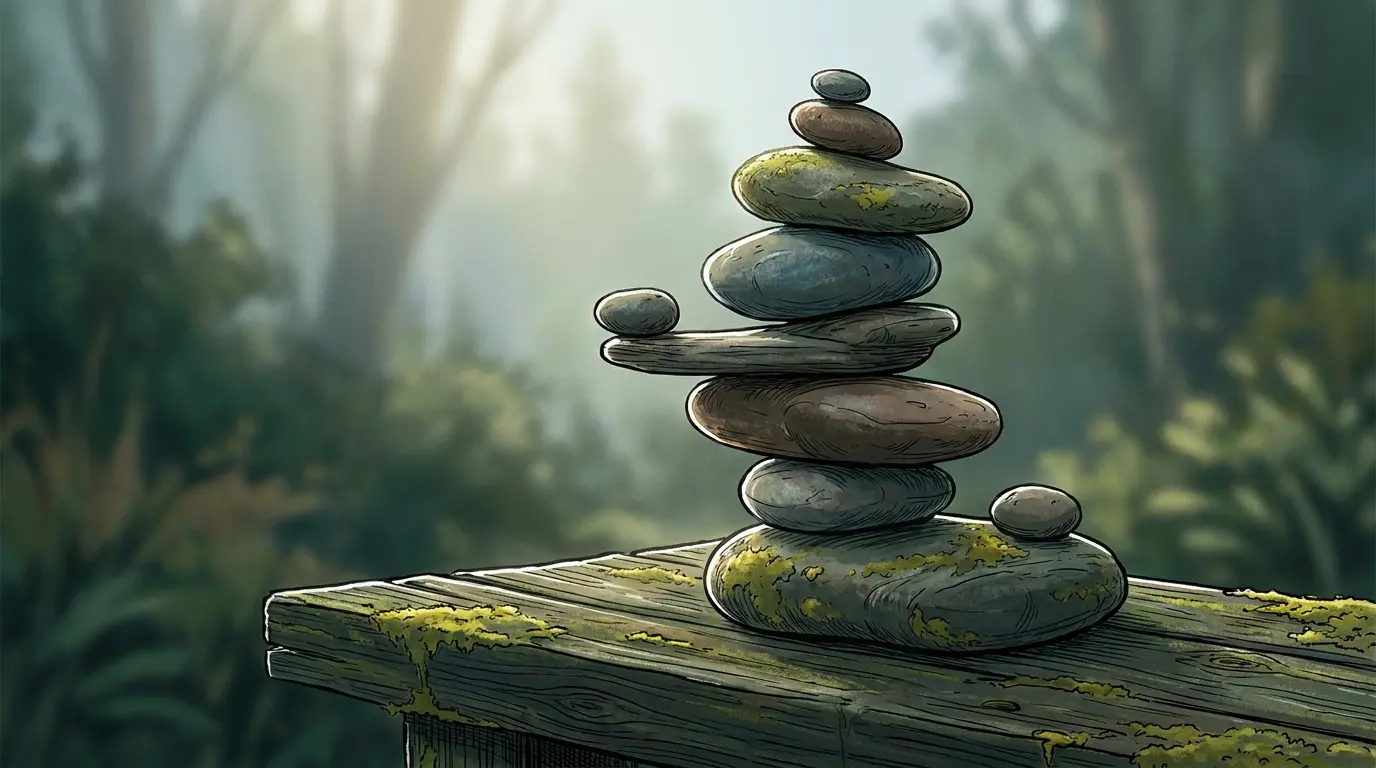 กองหินทรงสมดุลบนพื้นไม้ สะท้อนความง่ายและเรียบง่าย