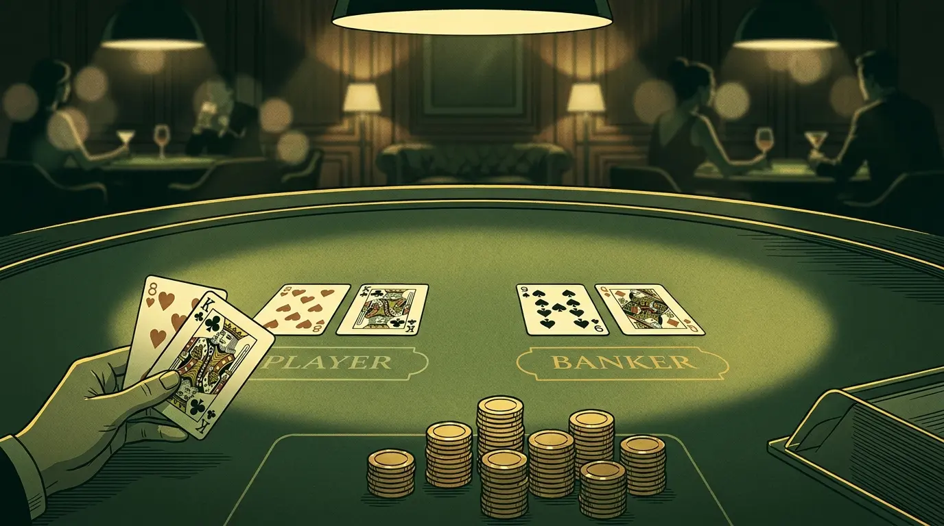 Baccarat table with cards and chips in elegant casino setting