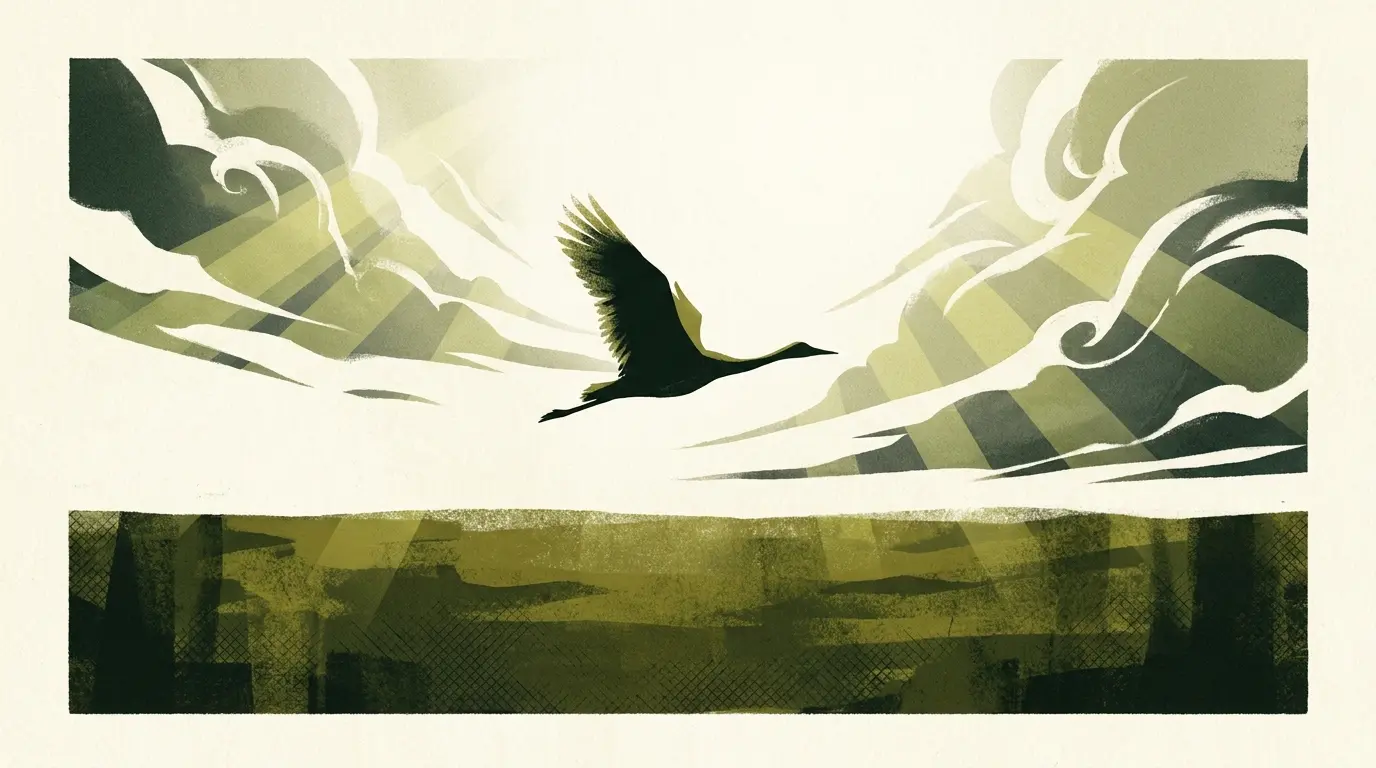 Bird silhouette flying through sunlit clouds and light rays