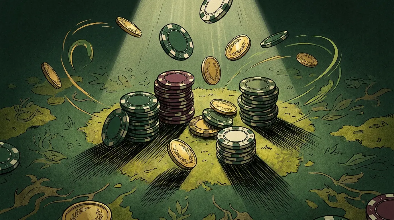 Casino chips and gold coins stacked on green felt surface