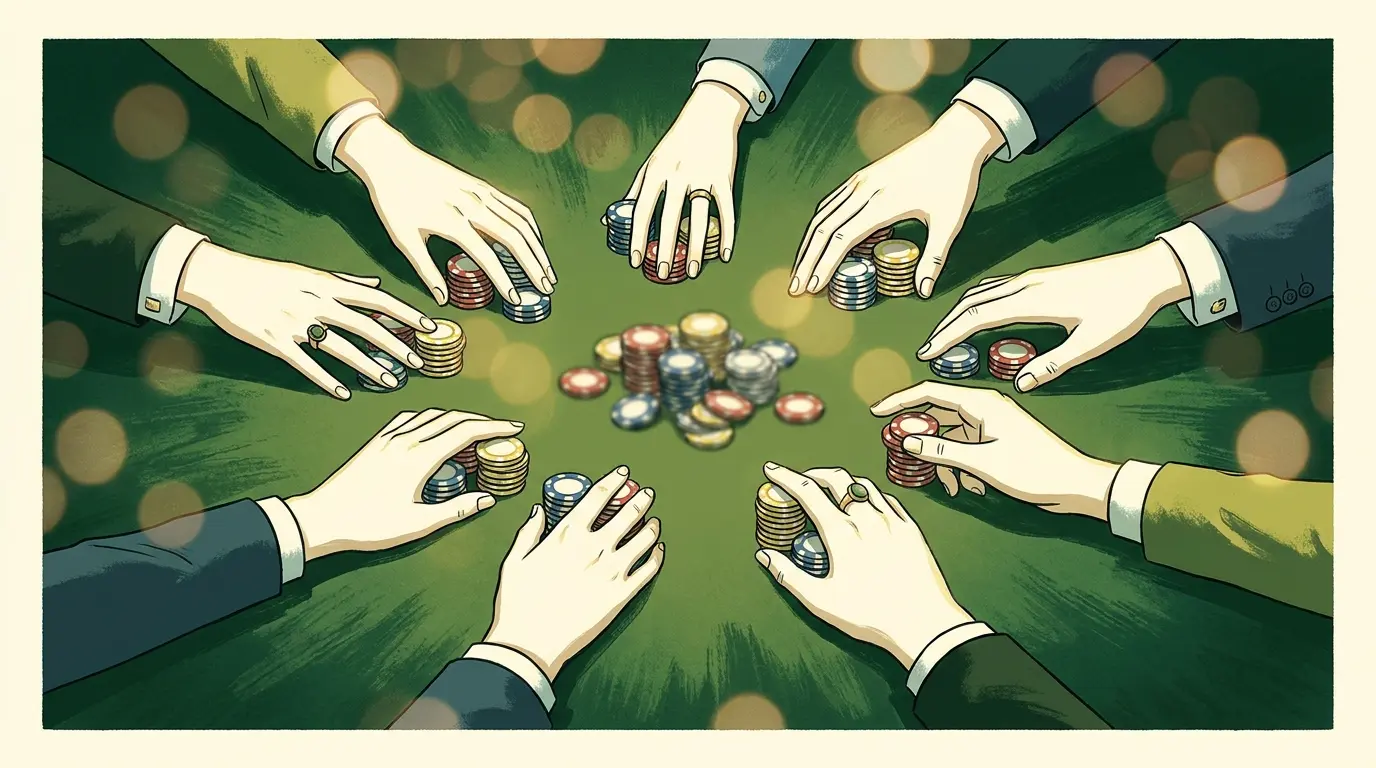 Hands collecting casino bonus chips on poker table